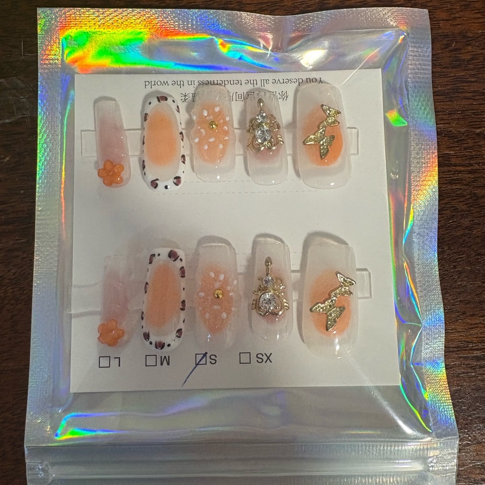 Elegant Peach Press-On Nails with Crystal Butterfly Accents